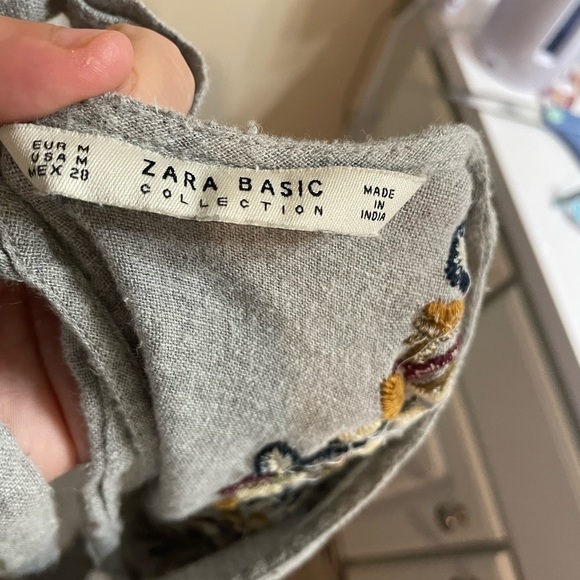 Zara Basic Collection Womens Blouse Grey Embroidered Tie Neck Bell Sleeve. Sz MD - Picture 8 of 12